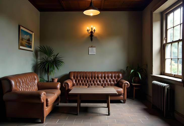 Vintage Living Room with Leather Sofa, Wood Coffee Table, and Warm Lighting